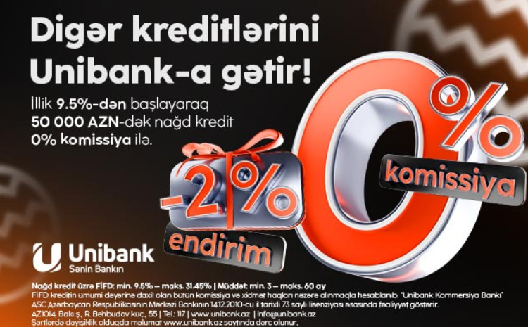 Unibankın Yeni il kampaniyası davam edir: 0 % komissiya, 2 % endirim! 