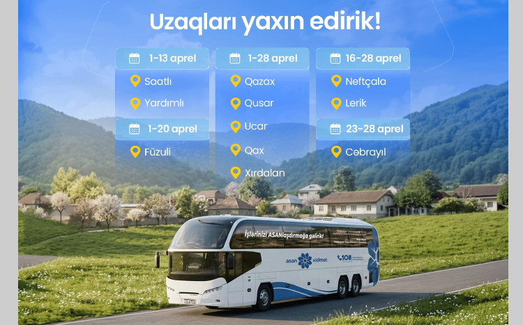 Apreldə Səyyar ASAN xidmətin fəaliyyət göstərəcəyi ünvanlar 