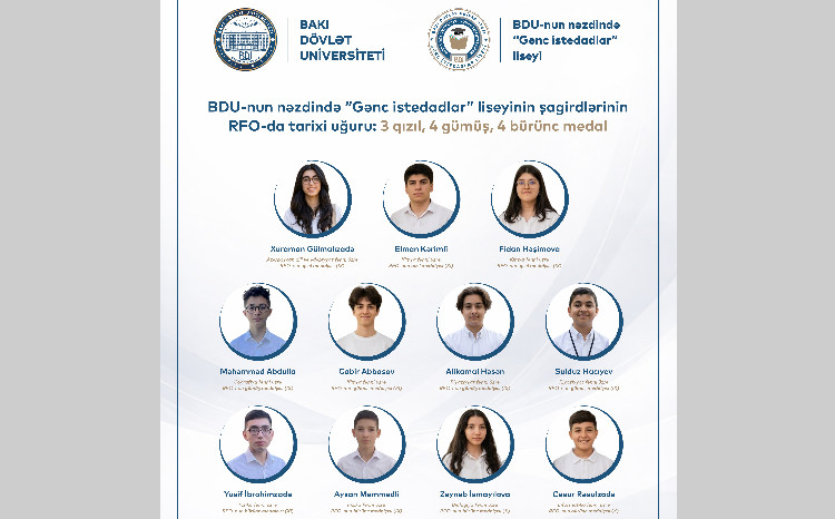BDU-nun nəzdində “Gənc istedadlar” liseyinin şagirdlərinin RFO-da tarixi uğuru: 3 qızıl, 4 gümüş, 4 bürünc medal 
